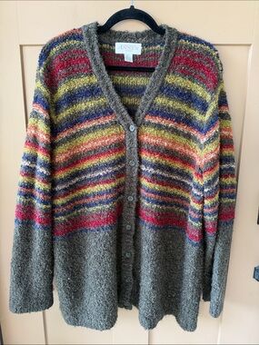 Casual Corner Annex 2X Open-Front Multicolor Stripe & Olive Bouclé Sweater